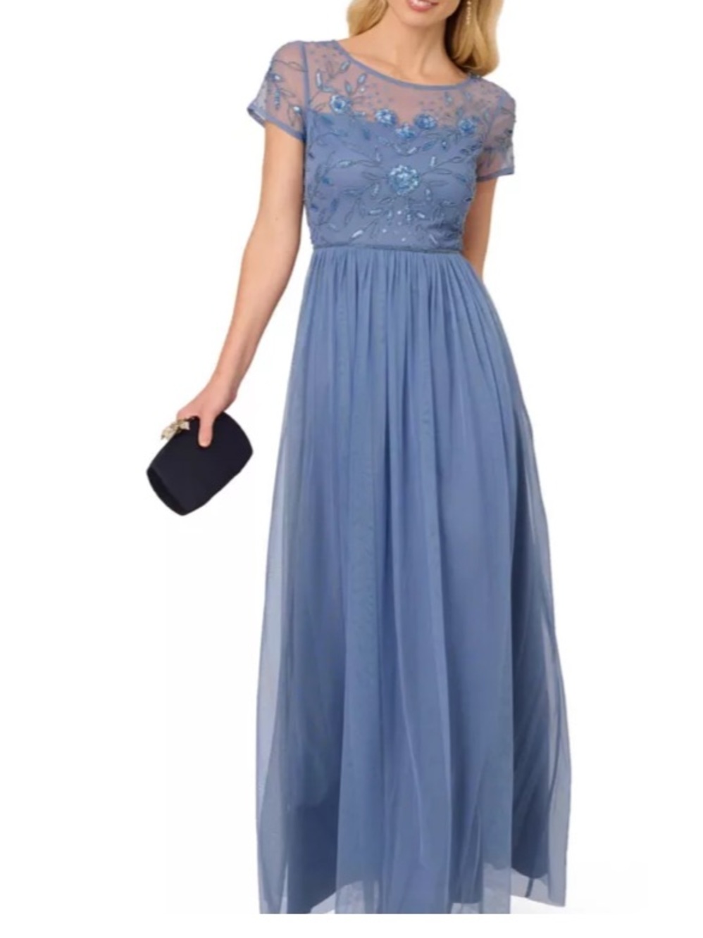 Papell Studio Beaded Mesh Shirred Gown French Blue Size 12 NWT Formal Evening - Picture 2 of 12